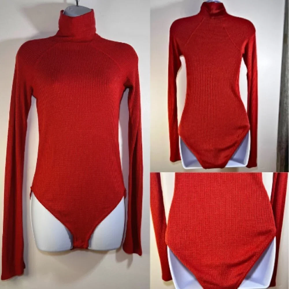 INTIMATELY FREE PEOPLE Burnt Orange Waffle Knit Turtleneck Bodysuit Size S - Picture 3 of 9